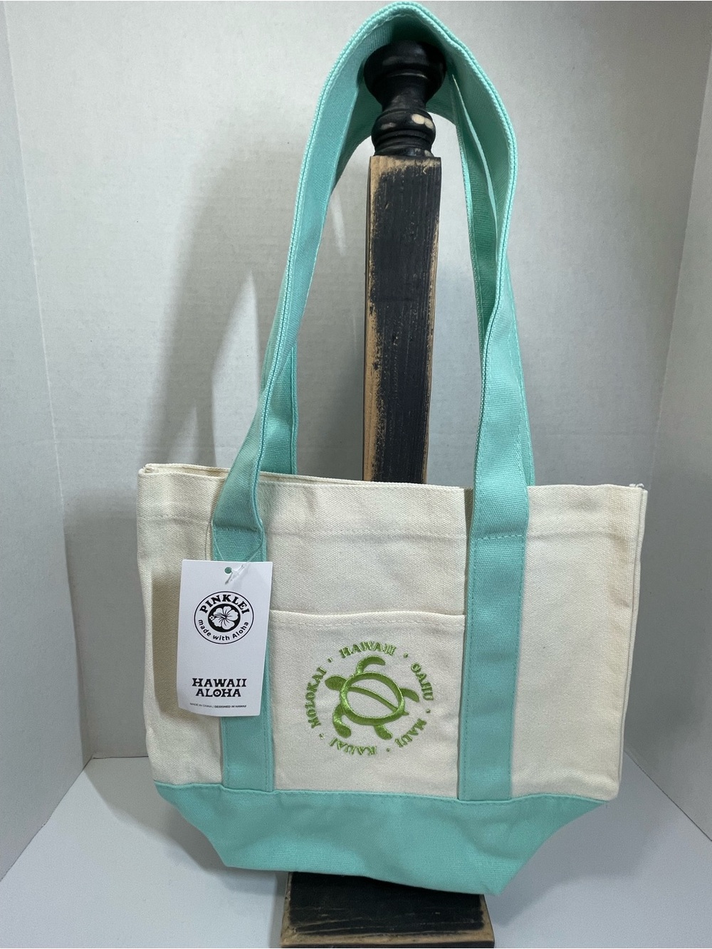 Hawaii Aloha Canvas Tote Bag in Mint Green and Cream